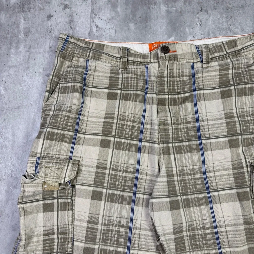 Lazer/Co Mens Plaid Cargo Shorts Size 38 Tan Blue Utility Workwear Casual